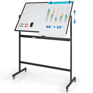 48" x 32" Double-sided Mobile Whiteboard w/2 Adjustable Heights Universal Wheels - Picture 1 of 10
