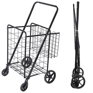 Folding Metal Grocery Shopping Cart with Wheels Collapsible Black Utility Cart - Picture 1 of 22