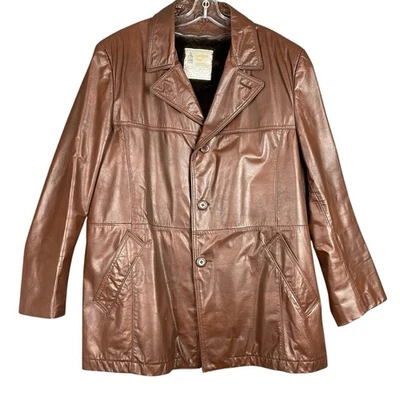 Chaqueta discoteca vintage London Fog para hombre 46 cuero marrón regular forro de piel con cremallera Foto 1 de 4
