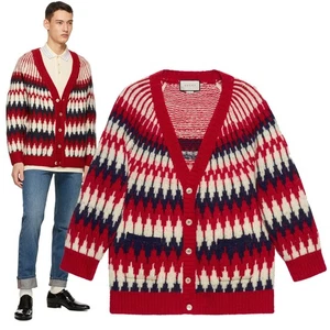 GUCCI MENS SWEATER ZIGZAG JACQUARD THICK WOOL KNITTED CARDIGAN $1,250 M Medium - Picture 1 of 20