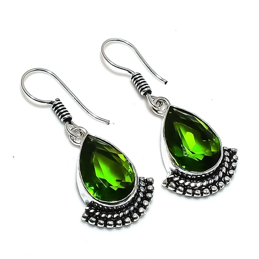 Green Peridot Gemstone Handmade 925 Sterling Silver Jewelry Earring Size 1.45" - Image 1 of 1