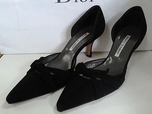 Manolo Blahnik D'Orsay Suede Heels 37.7 7 1/2 B Mint Box Black - Picture 1 of 8