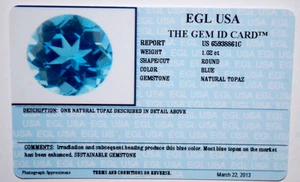 EGL USA CERTIFIED NATURAL ROUND BLUE TOPAZ 1.02 CT NOVEMBER BIRTH STONE  - Picture 1 of 4
