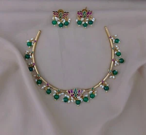Gold Plated Bridal Jewelry Jhumka Earrings Indian Bollywood Choker Necklace set - Picture 1 of 6