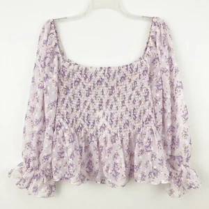 NWT Lucy Paris Smocked Long Sleeve Top Size XL White Floral Square Neck Boho - Picture 1 of 10