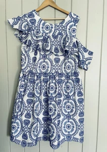 Asos Dress 16 Blue Embroidered White Off-Shoulder Fit Flare Sleeveless Cocktail - Picture 1 of 8