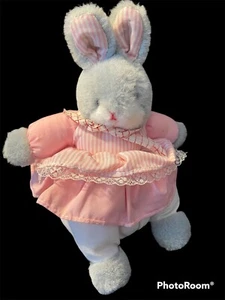 Easter Pets Vintage Plush Bunny Rabbit Pink Dress Floral Apron and Bonnet 10” - Picture 1 of 6