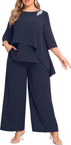plus Size Pant Suits Mother of Bride Dressy Pant Suits 2 Piece Outfits with Pock - Picture 1 of 12