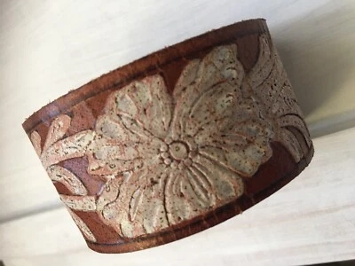 Leather Cuff Bracelet Embossed White Floral Flowers Leaves Snap Chunky - Image 1 of 4