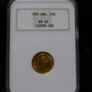 1909 Denmark Gold 10 Kroner NGC MS-63