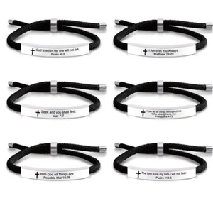 Personalized Stainless Steel Cross Black Rope Inspiring Engraved Letter Bracelet - Picture 1 of 25