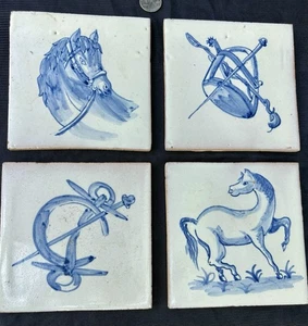 Extremely Rare hand Painted Equestrian Themed Delft Type Tile Lot Of 4 - Picture 1 of 6