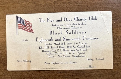 Raro 1940 Invitación para Soldados Negros Tributo Cena So Central L.A. Elks Hall Foto 1 de 2
