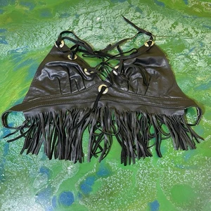 Women's Large Leather Fringe Halter Top Biker Bikini USA Made Motorcycle Boho L - Picture 1 of 3