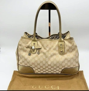 GUCCI preowned Shoulder Hand Tote Bag Purse Princy GG Canvas Leather Gold Auth - Picture 1 of 24