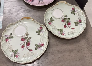 Vintage Lefton Grün & Rosa Rose Kollektion Snack Teller 8" 2er Set ~ Keine Tassen Japan - Bild 1 von 5