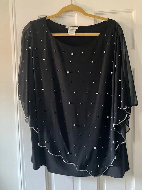 Blusa Top Chaus New York Negra con Cuentas Talla 2X Plus Transparente Superposición Elegante Foto 1 de 4
