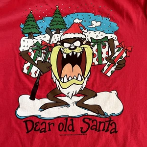 Vintage Taz Shirt Large Red Looney Tunes Santa Holiday Christmas Tazmanian 90s - Picture 1 of 7
