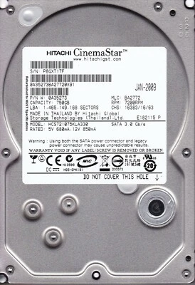 HITACHI  HCS721075KLA330  mlc: BA2772  p/n: 0A35273 750GB 2009 3.5"  SATA C5-05 - Image 1 of 3