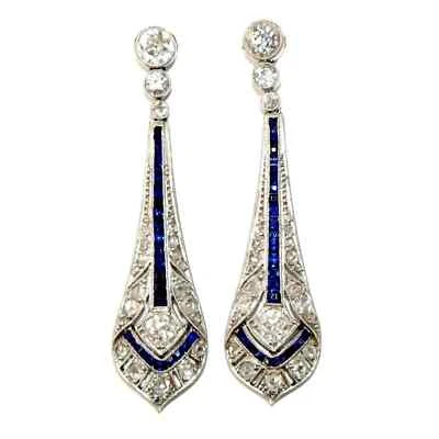 Silver Earrings Art Deco Style Lab Created Diamond &Sapphire Wedding DropDangle - Image 1 of 4