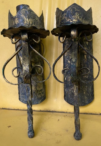 Pair Vintage Antique Wall Sconces Gothic Metal Medieval Electric Cover
