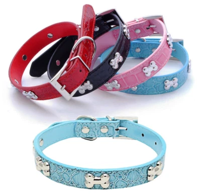 DOG BONES Studs Dog PU Faux Leather Collar Puppy Cat Small XS S M L Adjustable - Image 1 of 4