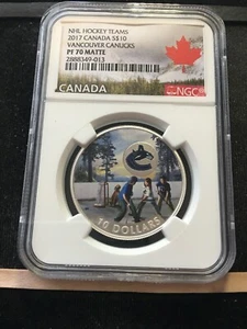 2017  NHL Teams; Vancouver Canucks $10 Silver 99.99 NGC**PF-70 Matte**Bx 10 - Foto 1 di 6