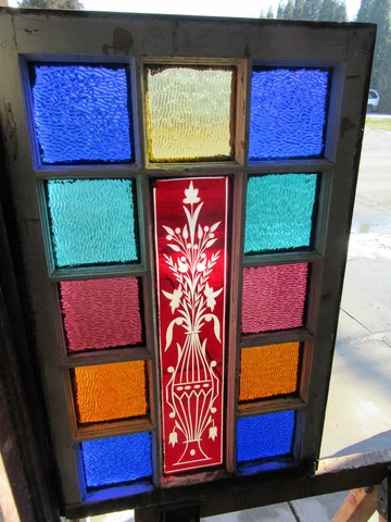 ~ ANTIQUE STAINED GLASS WINDOW RUBY ETCHED GLASS QUEEN ANNE ~ 22 X 35 ~ SALVAGE Cover