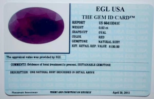 EGL USA TESTED AND CERTIFIED OVAL RED 0.82CT RUBY, value $100 - Picture 1 of 5