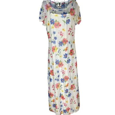 Newport News Women's L Layered Floral Sheer Mesh Maxi Dress White Multicolor - Image 1 of 4