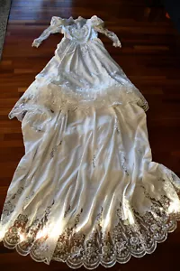 Vintage 80s Wedding Dress Size M White Gown Long Train - Picture 1 of 10