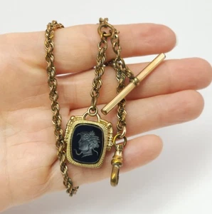 Antique Victorian Gold Filled Watch Chain Fob Carved Onyx Bloodstone Intaglio - Picture 1 of 12