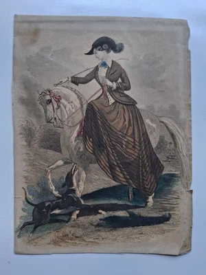 Antique Horse & Dog Engraving Art Print The Fair Equestrian Godey's Ladies Book - Image 1 of 4