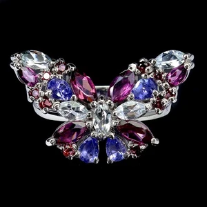 925 Sterling Silver Ring Marquise Rhodolite Aquamarine Natural Gemstone Butterfl - Picture 1 of 13