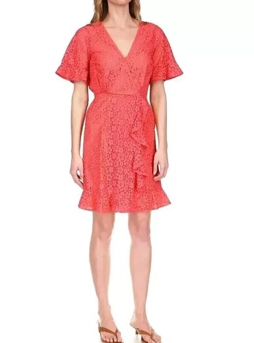 Abito Michael Kors taglia XS rosso geranio pizzo volant finto avvolgente NUOVO