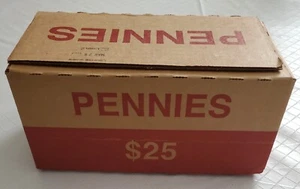 One SEALED; UN-OPENED Bank BOX of Pennies; 50 Bank-Wrapped ROLLS; 2,500 pennies! - Picture 1 of 10