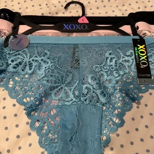 XOXO Bikini Panty Womens Sexy Cheeky Underwear 3 Pack Large Black Blue Pink Lace - Picture 1 of 11