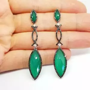 Brilliant Marquise Shape 40.23CT Green Agate With White & Black CZ Fine Earrings - Picture 1 of 6