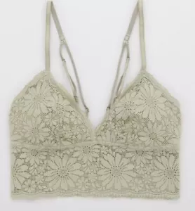 Aerie Faded Olive Green Lace Padded Longline Strappy Bralette - Picture 1 of 5