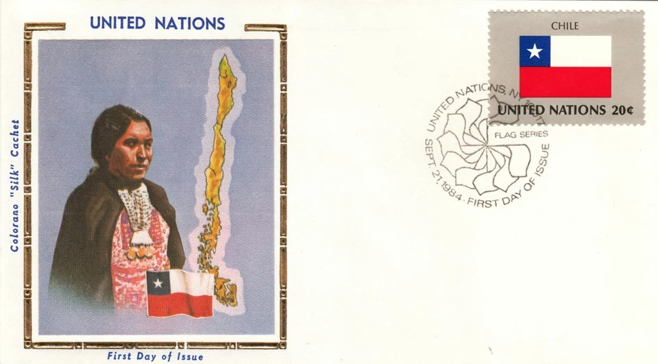 Chile National Costume Flag Map UN Gold Folio Silk Mint FDC Cachet 1984 - Image 1 of 1