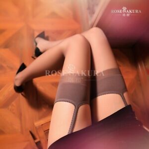 Ultra-thin Silky Sheer Pantyhose Stockings Attached Lace Garter Belt Crotchless 