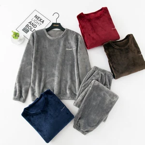 Men Nightwear Pajama Set Flannel Coral Fleece Pullover Tops Long Sleeve Warm - Picture 1 of 17