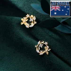 Woman Real s925 Sterling Silver Simulated Diamond Leaf Flower Earring Stud - Picture 1 of 4