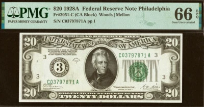 1928A $20 Federal Reserve Note Philadelphia PMG 66EPQ Gem 2nd finest Fr 2051-C - Image 1 of 2