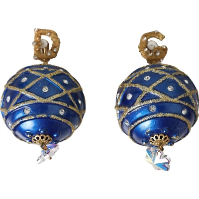 DOLCE & GABBANA Pendientes Oro Latón Azul Cuelga Bola de Navidad Cristal Clip On Foto 1 de 4