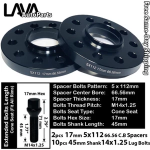 2PC 17MM THICK 5X112 66.56MM C.B WHEEL SPACER+10 14X1.25 BOLT FIT BMW MINI MODEL - Picture 1 of 2