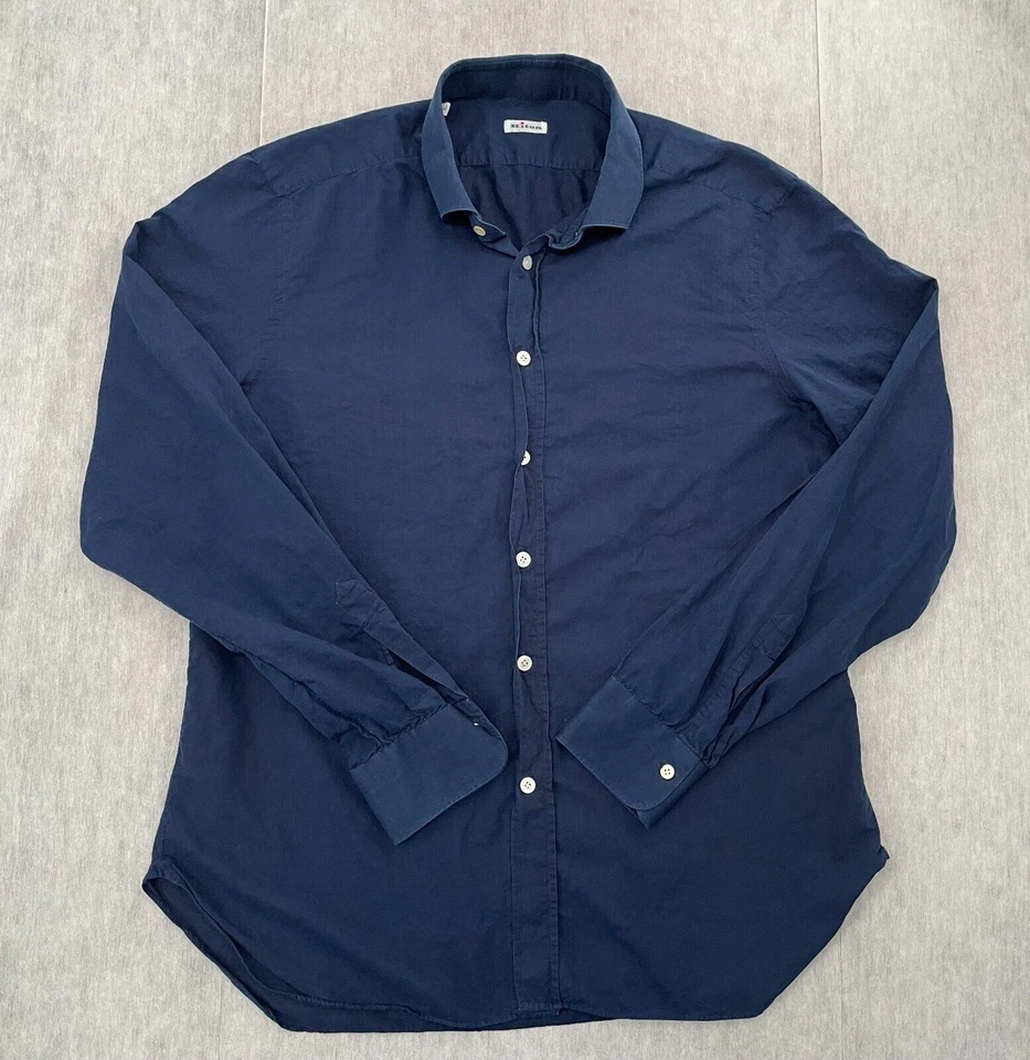 Kiton Shirt Adult 44 Blue Long Sleeve Button Up Cotton Made In Italy Mens XL - Image 1 of 4