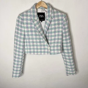 Zara Plaid Double Breasted Tweed Cropped Textured Blazer Purple Green Women’s XS - Picture 1 of 8