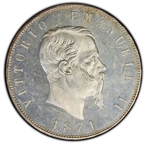 ITALY KINGDOM 1871-M-BN  5 LIRE SILVER COIN, UNCIRCULATED, PCGS CERTIFIED MS-64