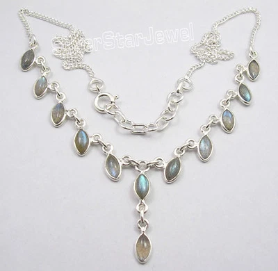 Popular Moda Joyería Marcas Plata 925 LABRADORITA Bordillo Cadena Collar 17.9" Foto 1 de 2